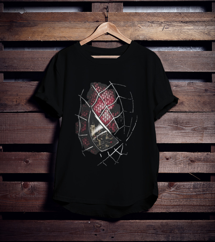Spider Man Mask With City Skyline Reflection In Night Sketch Lines T-Shirt