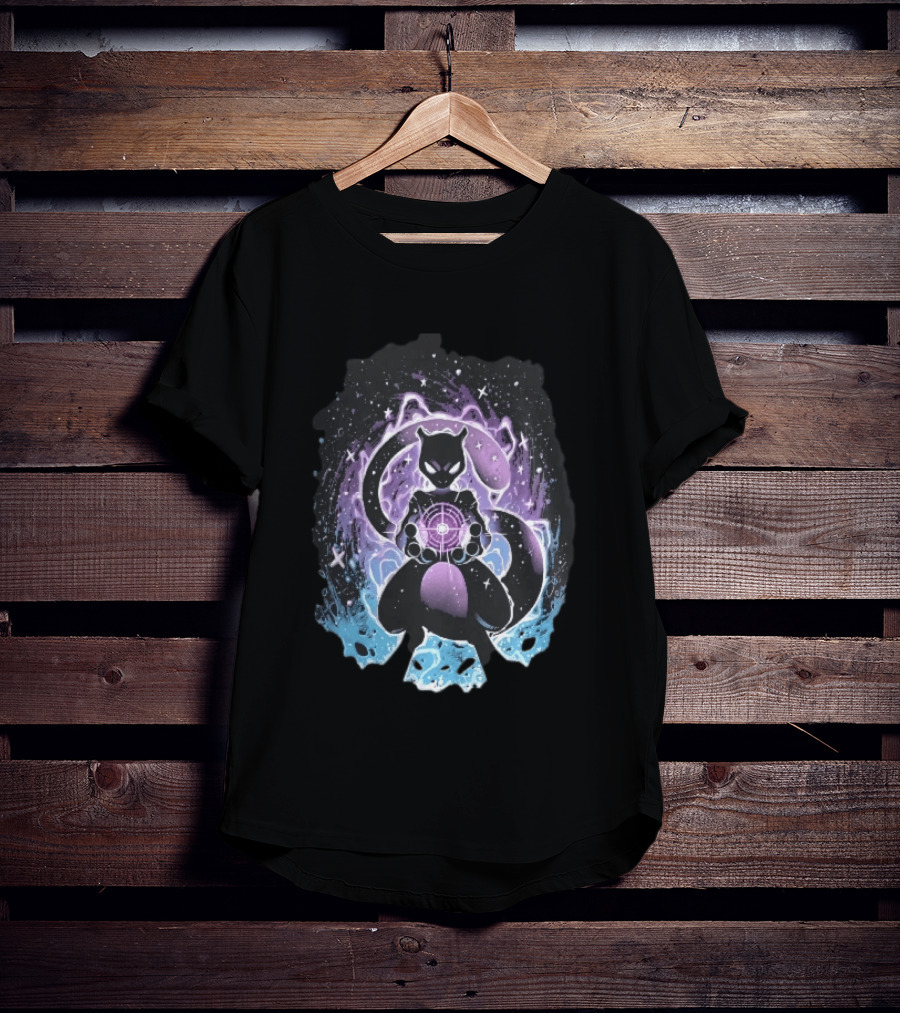 Mewtwo Cosmic Purple Energy Sphere Galaxy Stars Blue Flames T-Shirt
