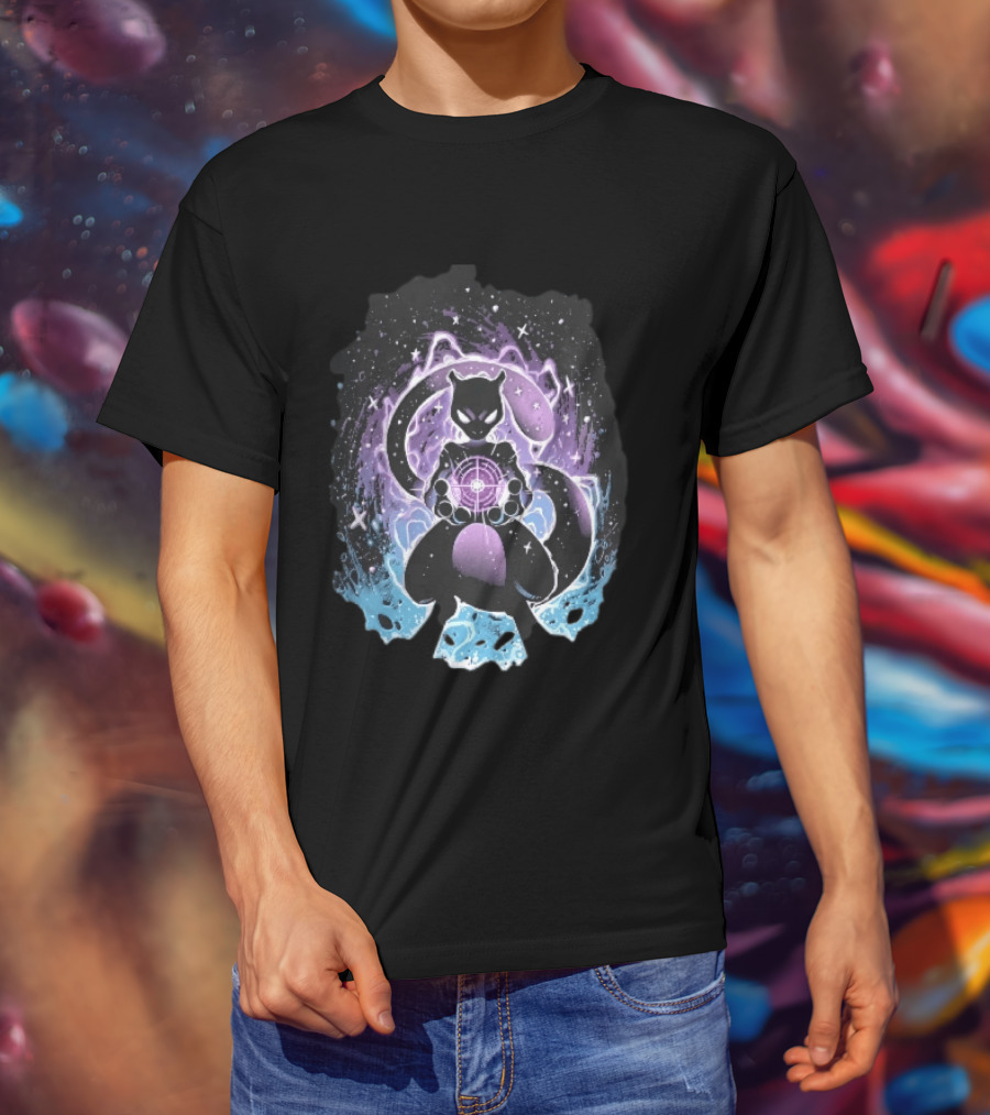 Mewtwo Cosmic Purple Energy Sphere Galaxy Stars Blue Flames T-Shirt
