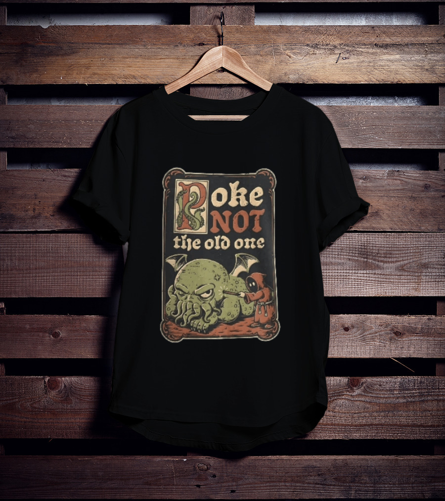 Poke Not The Old One Chibi Cthulhu Hooded Cultist Poking Stick Cartoon Frame T-Shirt