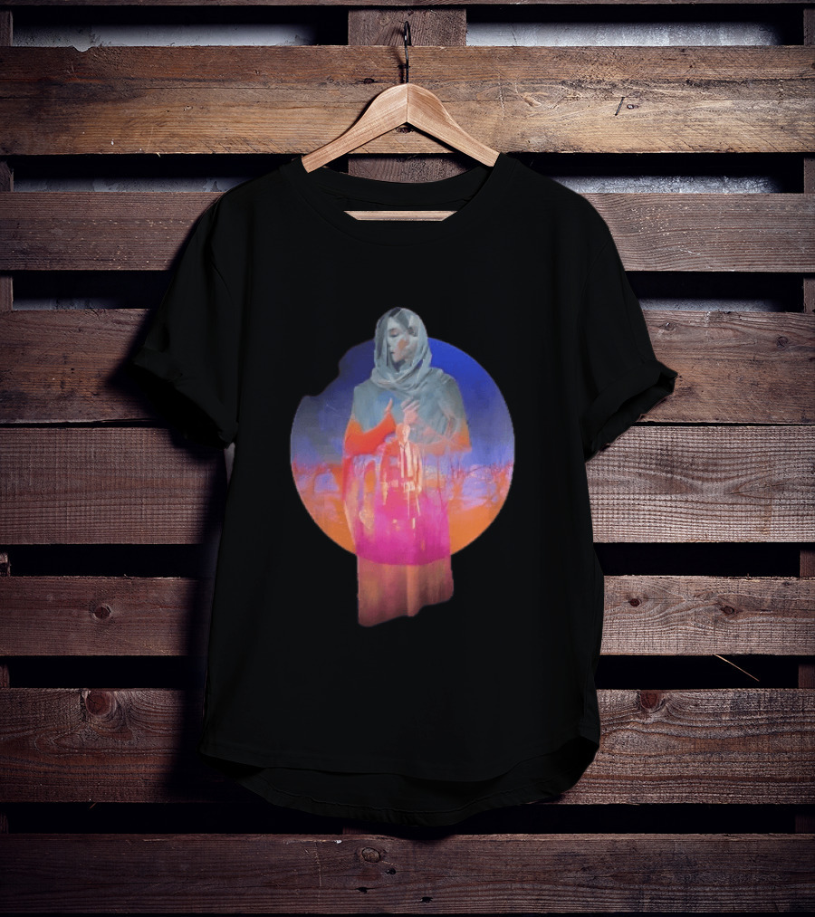 Veiled Hooded Cloak Double Exposure Bare Trees Glowing Sunset Globe T-Shirt
