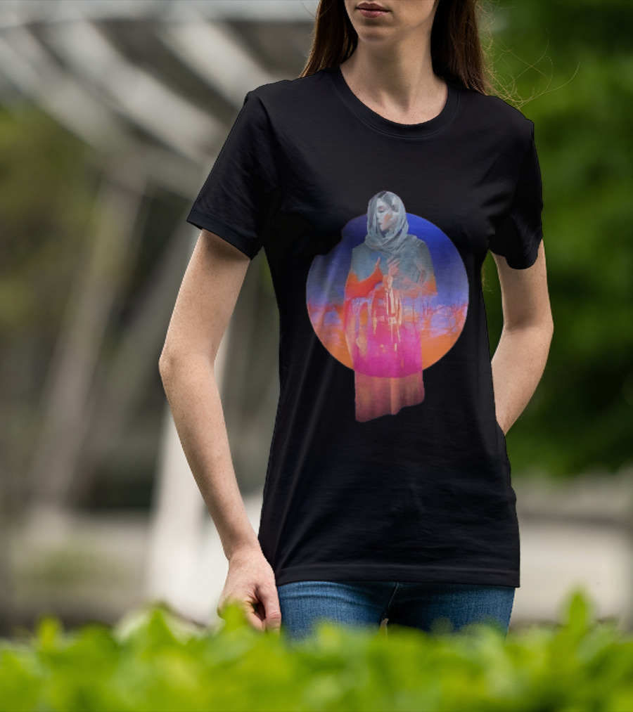 Veiled Hooded Cloak Double Exposure Bare Trees Glowing Sunset Globe T-Shirt