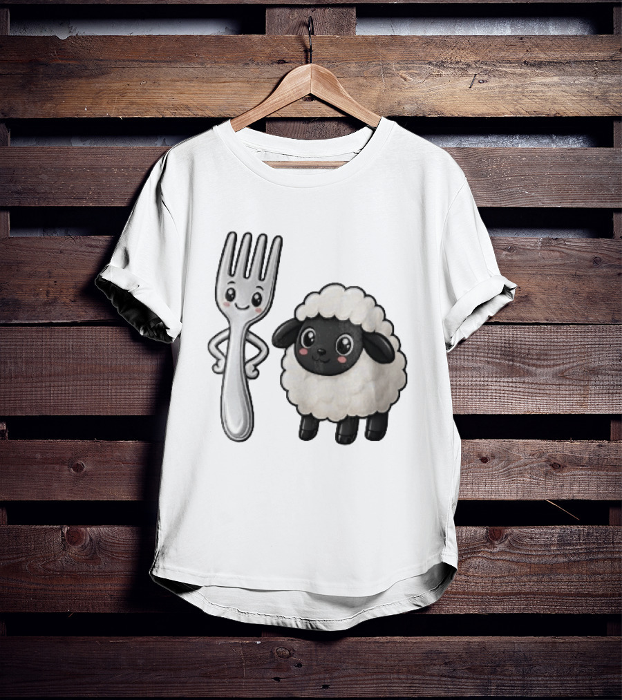 Chibi Style Silver Fork And Cute Black Faced Lamb Cartoon T-Shirt