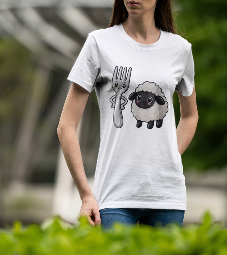 Chibi Style Silver Fork And Cute Black Faced Lamb Cartoon T-Shirt