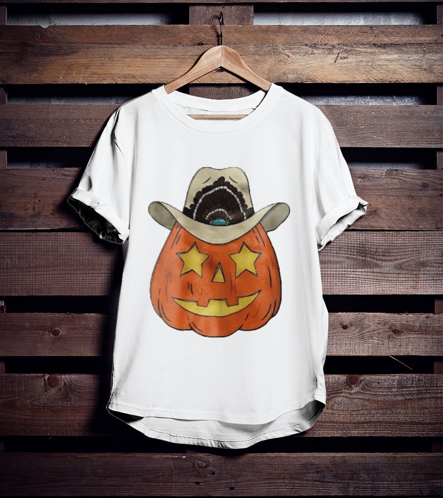 Starry Eyed Jack O Lantern Pumpkin Cowboy Hat Feather T-Shirt