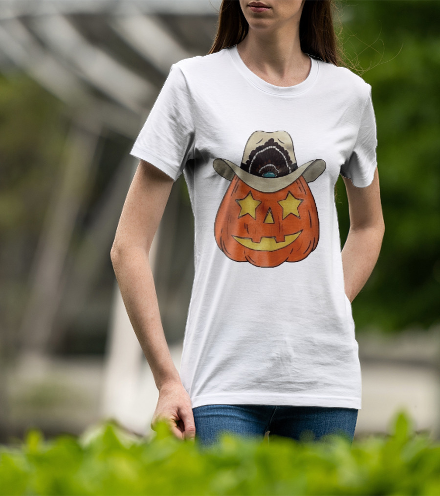 Starry Eyed Jack O Lantern Pumpkin Cowboy Hat Feather T-Shirt