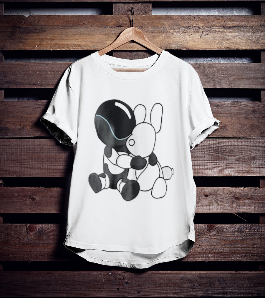 Cartoon Robot Embracing White Bunny Plush Toy T-Shirt