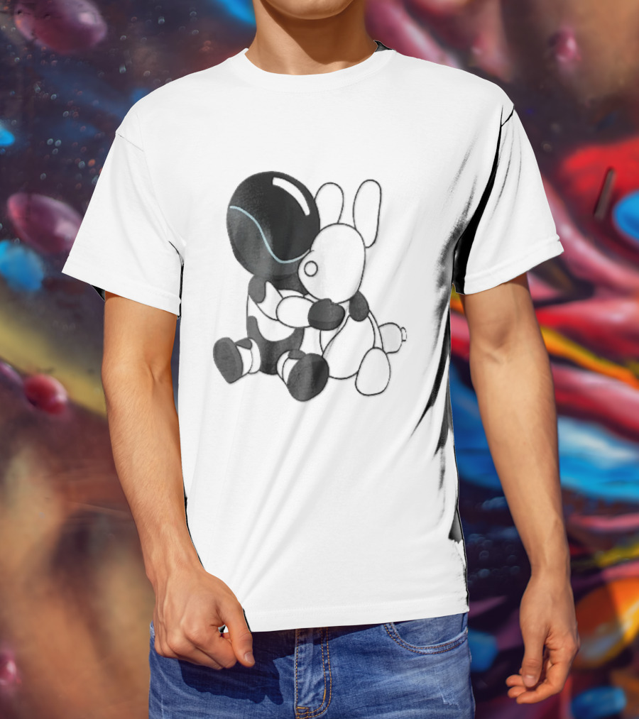 Cartoon Robot Embracing White Bunny Plush Toy T-Shirt