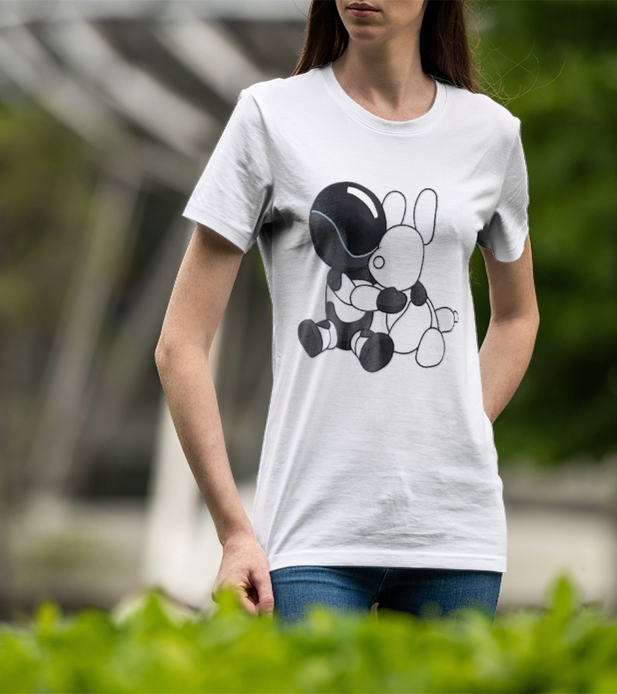 Cartoon Robot Embracing White Bunny Plush Toy T-Shirt
