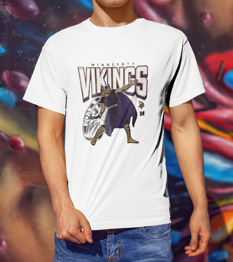 Minnesota Vikings Horned Helmet Warrior With Chrome Shield And Purple Cape T-Shirt