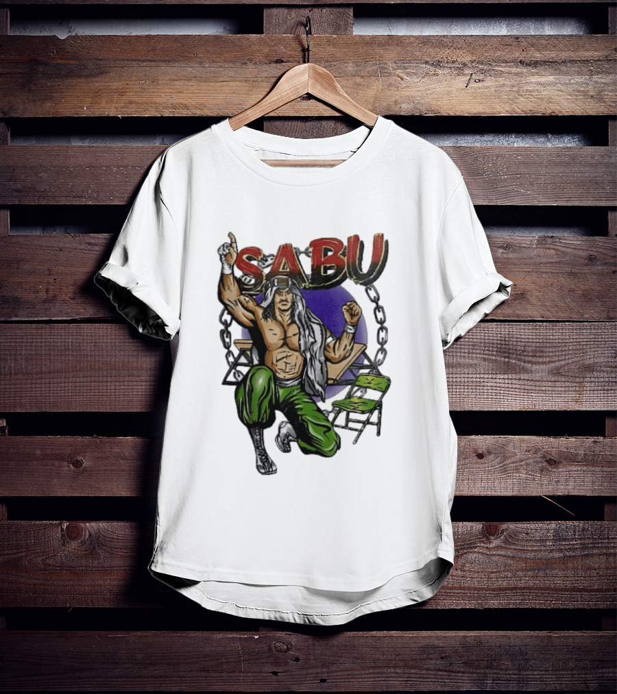 Sabu Terry Brunk Cartoon Kneeling Pose Green Chair Wooden Table Chains T-Shirt