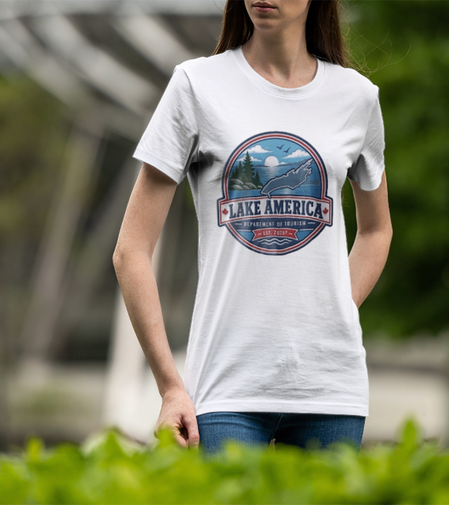 Lake America Department Of Tourism Est 2026 Circular Sunrise Pine Trees Scenic Landscape T-Shirt