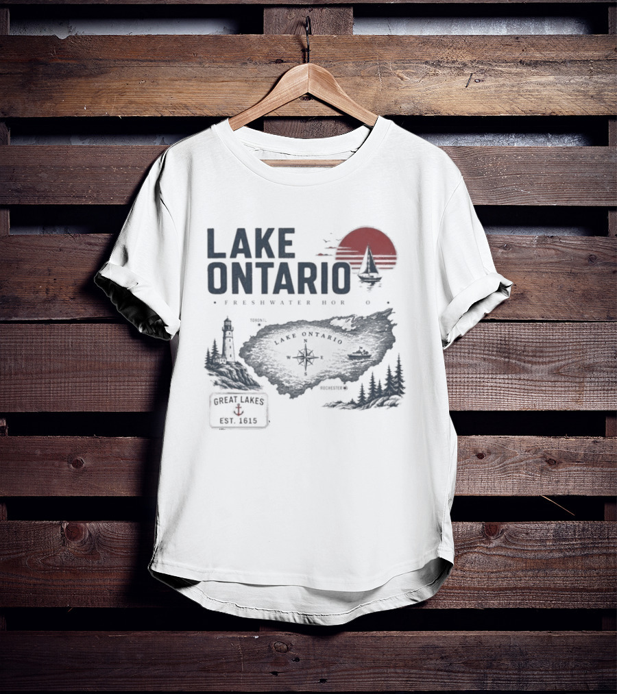 Lake Ontario Rochester Great Lakes Est 1615 Vintage Scenic Sunset License Plate Anchored Sailboat Lighthouse T-Shirt