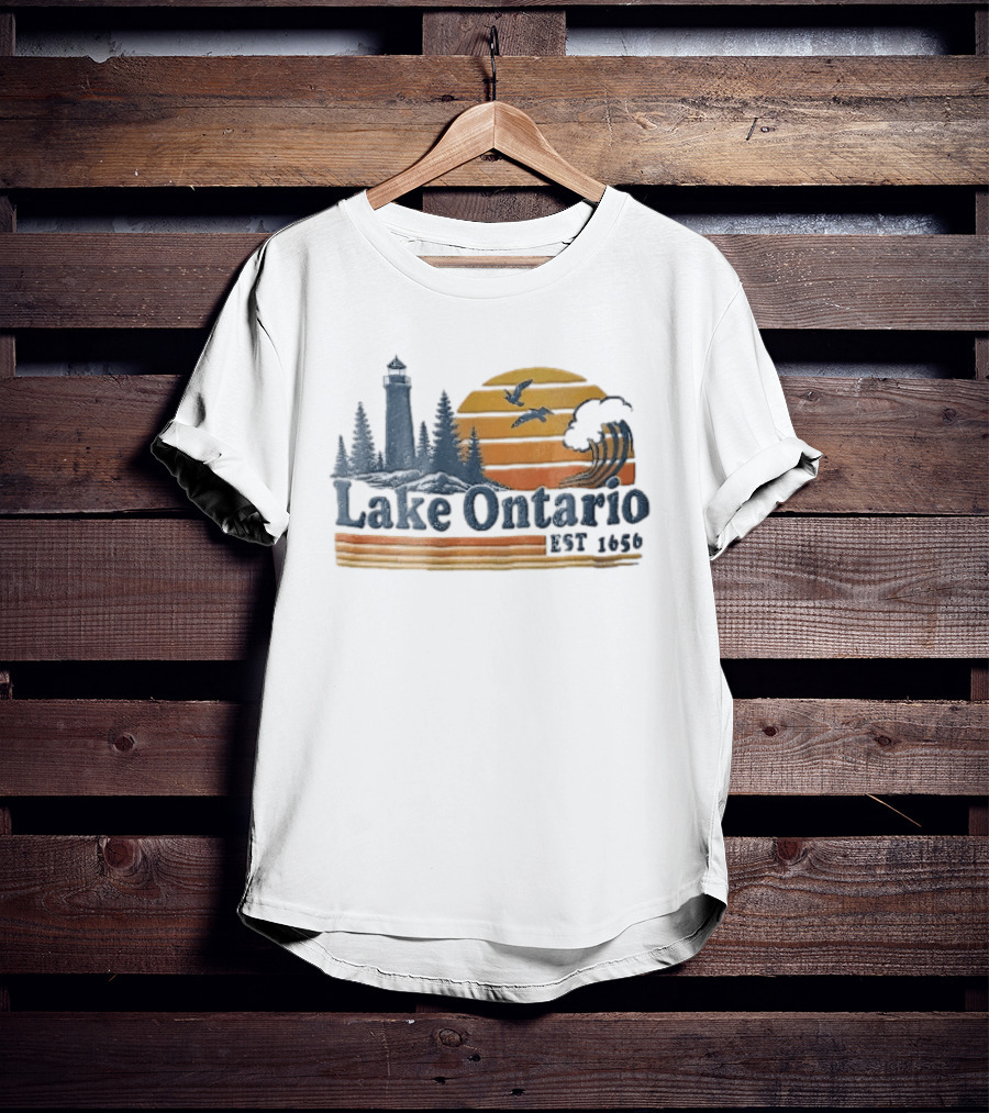 Lake Ontario Est 1656 Sunset Lighthouse Pine Trees Wave Scene T-Shirt
