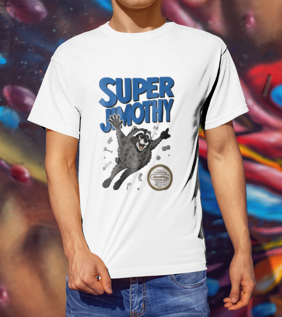 Super Jimothy Cartoon Flying Raccoon Trash Scraps Gold Seal T-Shirt