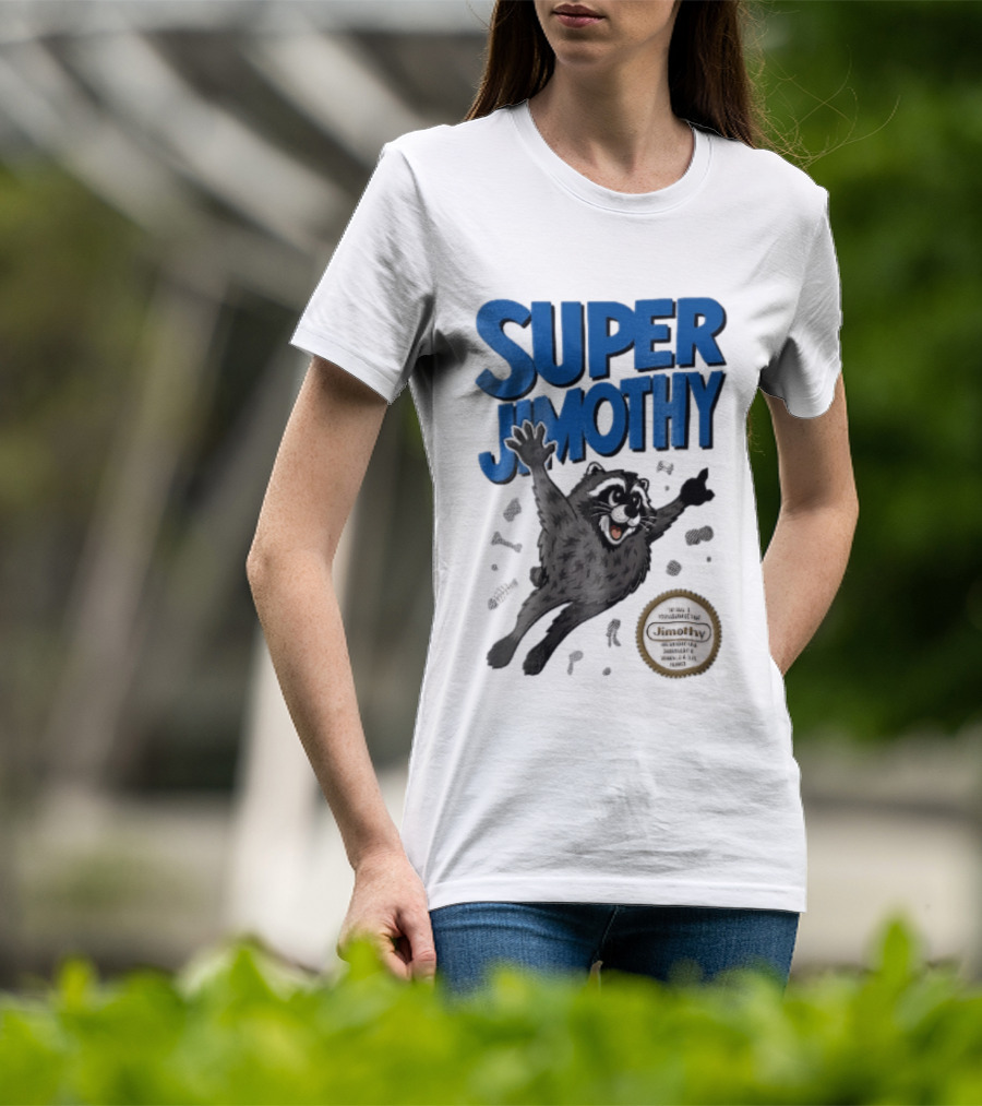 Super Jimothy Cartoon Flying Raccoon Trash Scraps Gold Seal T-Shirt