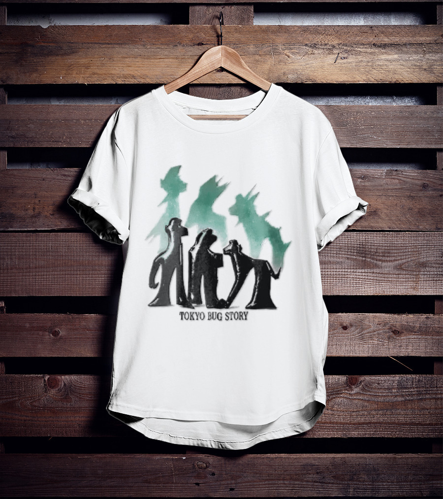 Tokyo Bug Story Glossy Black Figures Green Watercolor Shadows T-Shirt