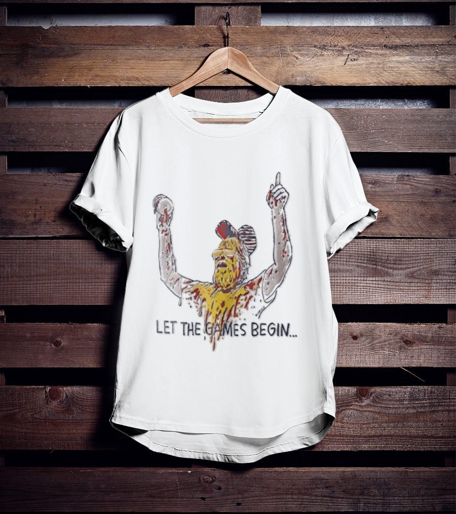 Let The Games Begin Caricature Beard Sunglasses Dripping Mustard Ketchup Line Arms Raised T-Shirt