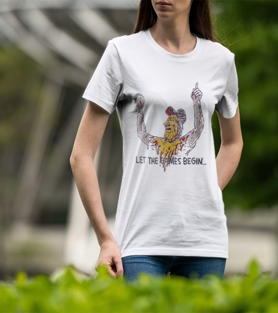 Let The Games Begin Caricature Beard Sunglasses Dripping Mustard Ketchup Line Arms Raised T-Shirt