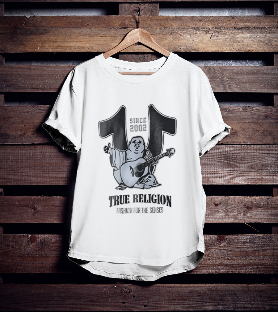 True Religion Since 2002 Laughing Buddha Playing Acoustic Guitar Horseshoe Fashion For The Senses T-Shirt