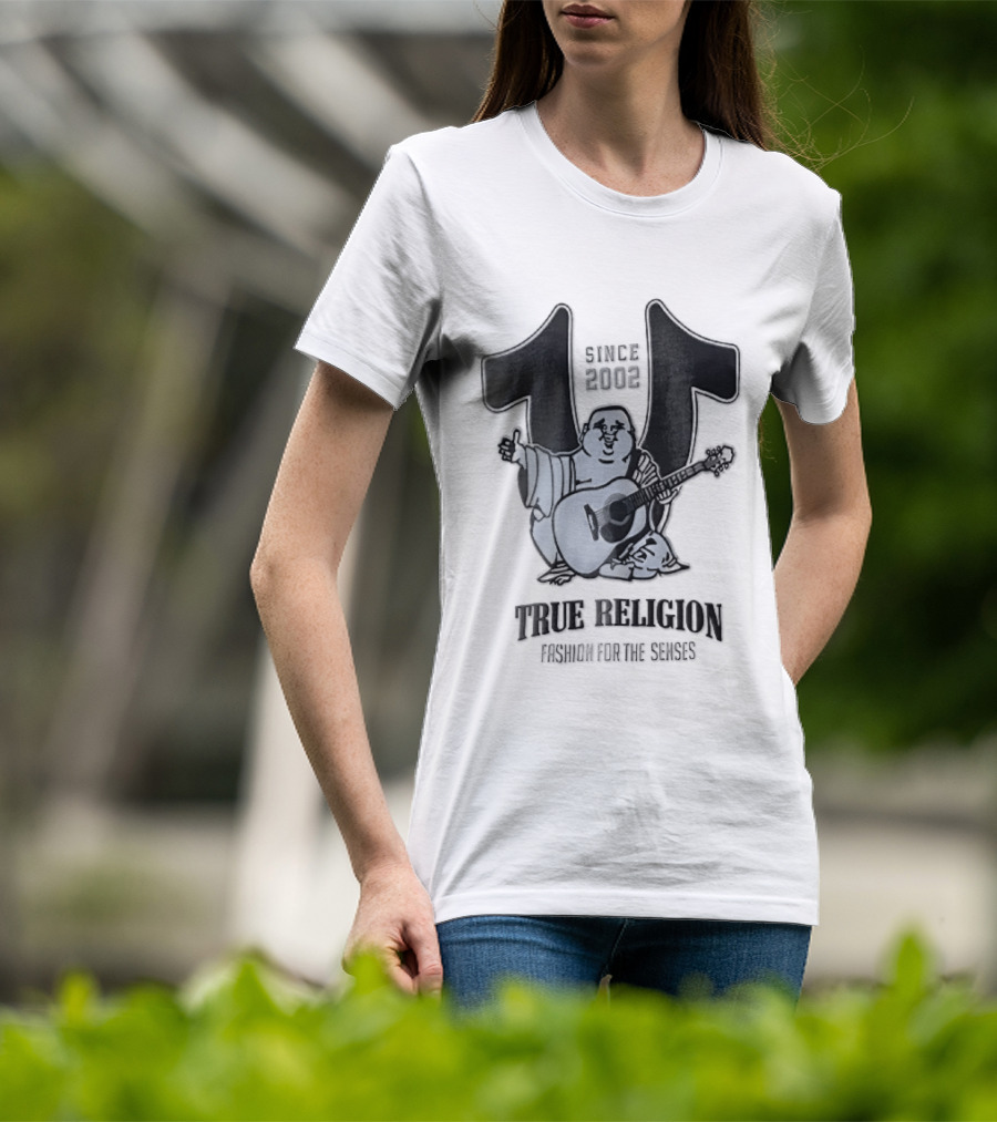 True Religion Since 2002 Laughing Buddha Playing Acoustic Guitar Horseshoe Fashion For The Senses T-Shirt