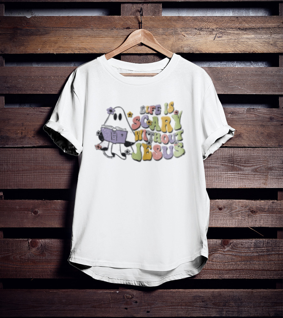 Life Is Scary Without Jesus Cartoon Ghost Reading Bible Flowers T-Shirt