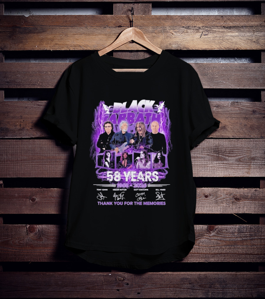 Black Sabbath 58 Years 1968 2026 Tony Iommi Geezer Butler Ozzy Osbourne Bill Ward Thank You For The Memories T-Shirt