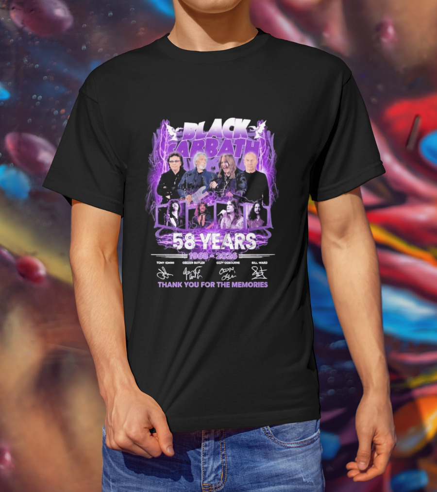 Black Sabbath 58 Years 1968 2026 Tony Iommi Geezer Butler Ozzy Osbourne Bill Ward Thank You For The Memories T-Shirt