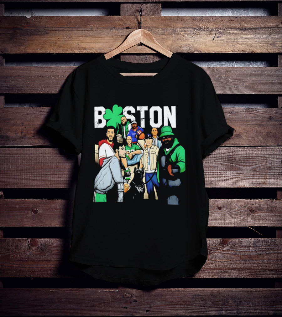 Boston Celtics Patriots Players With Shamrock And Boston T-Shirt