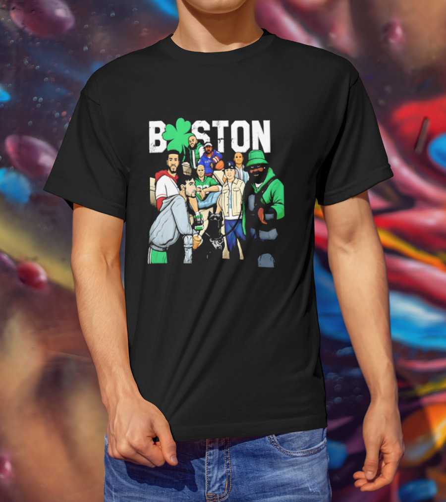 Boston Celtics Patriots Players With Shamrock And Boston T-Shirt