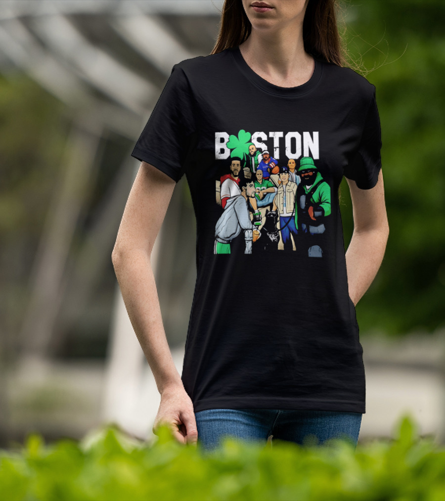 Boston Celtics Patriots Players With Shamrock And Boston T-Shirt