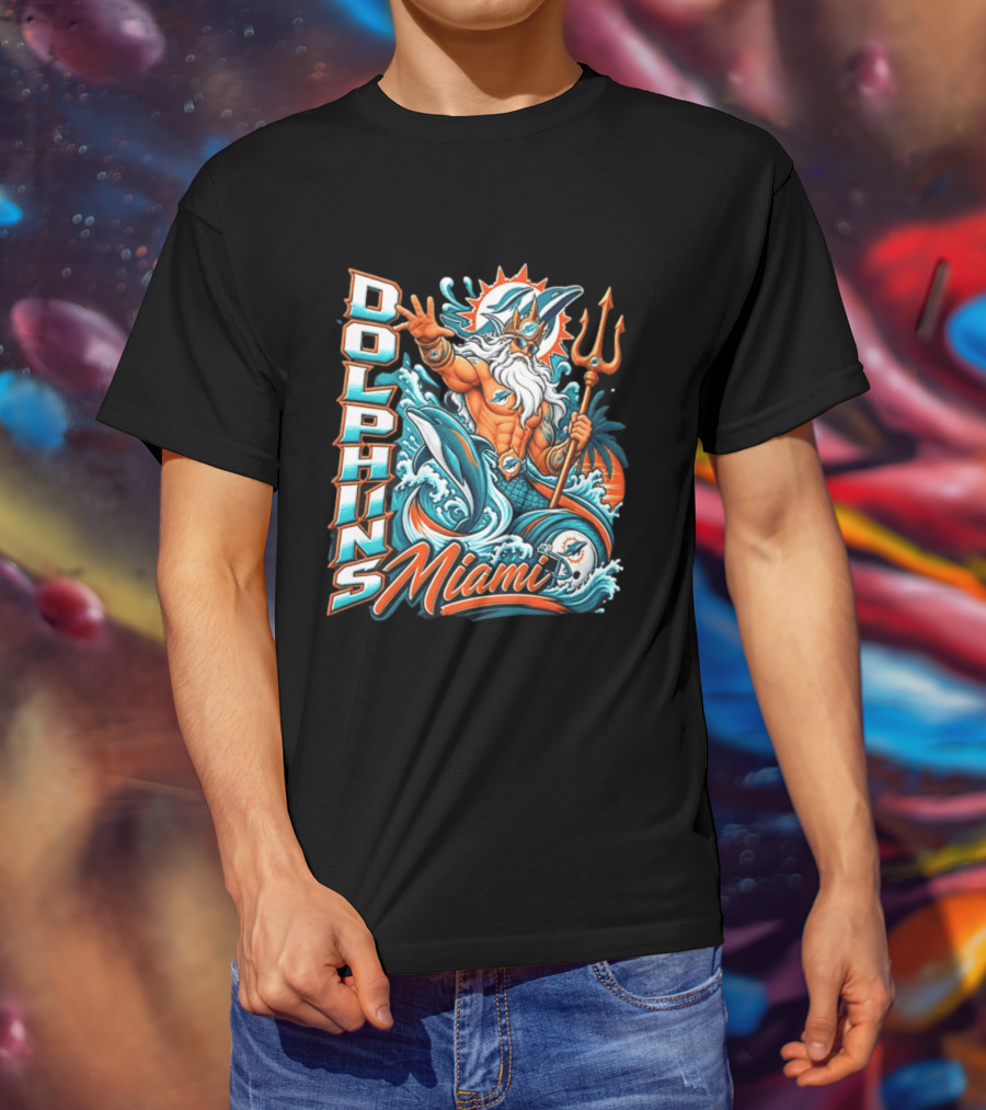 Miami Dolphins King Triton Ocean Waves Trident Dolphins T-Shirt