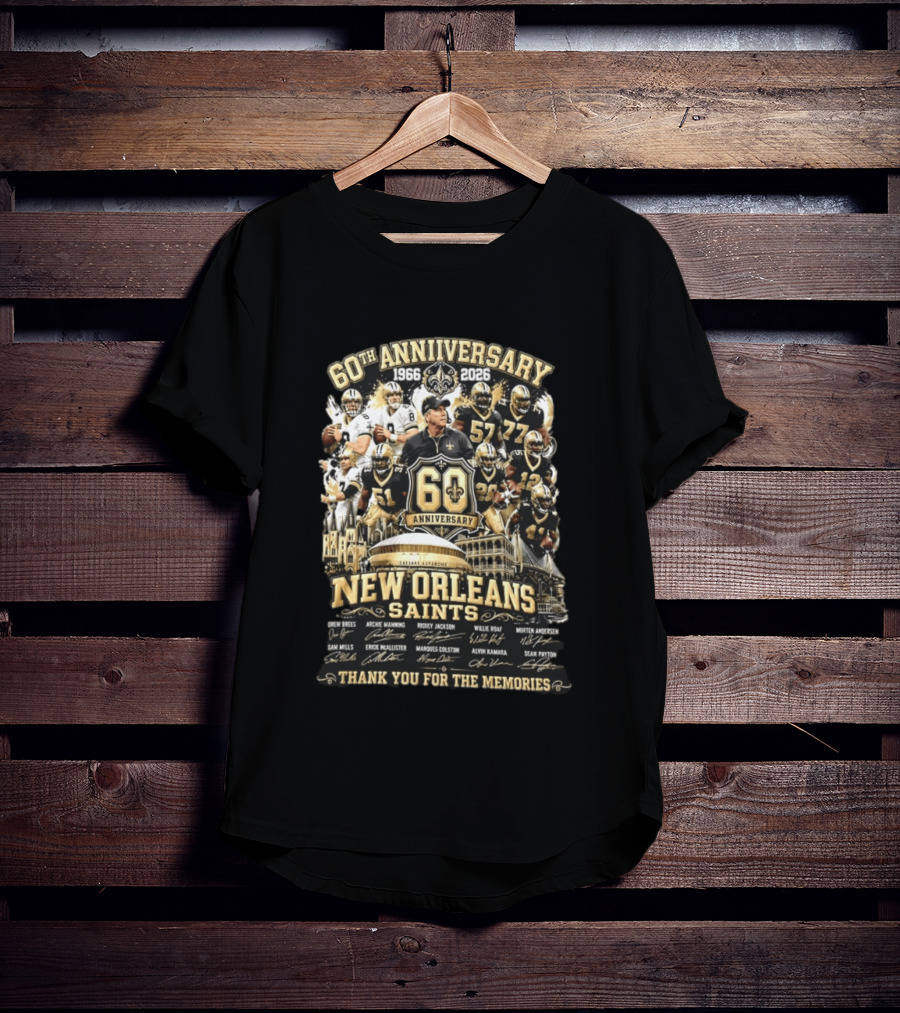 60th Anniversary 1966 2026 New Orleans Saints Thank You For The Memories Drew Brees Archie Manning Ricky Jackson T-Shirt