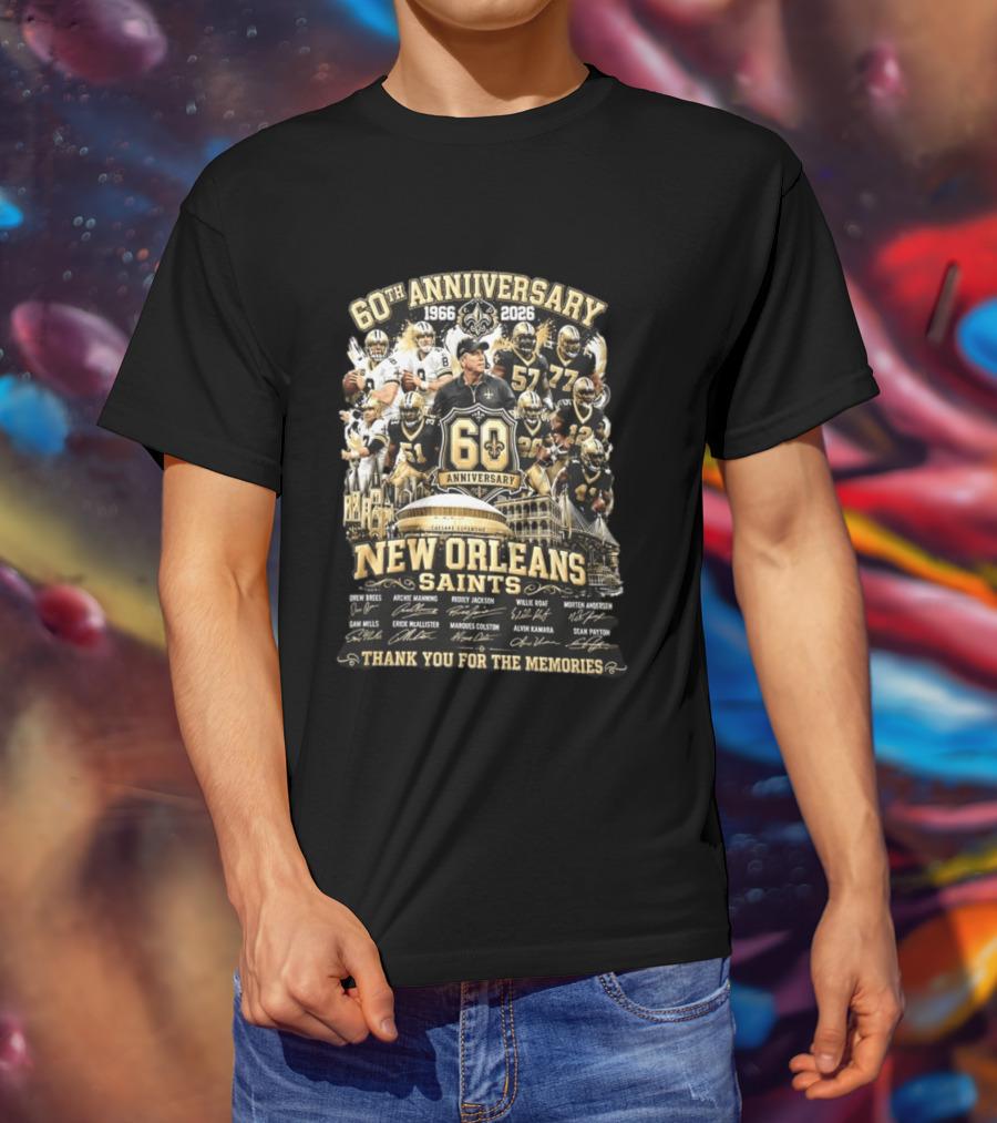 60th Anniversary 1966 2026 New Orleans Saints Thank You For The Memories Drew Brees Archie Manning Ricky Jackson T-Shirt