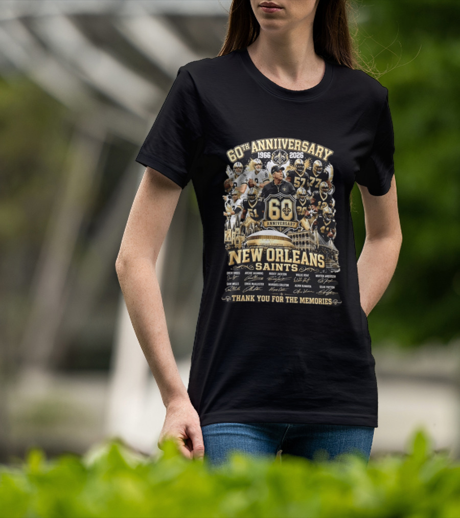 60th Anniversary 1966 2026 New Orleans Saints Thank You For The Memories Drew Brees Archie Manning Ricky Jackson T-Shirt
