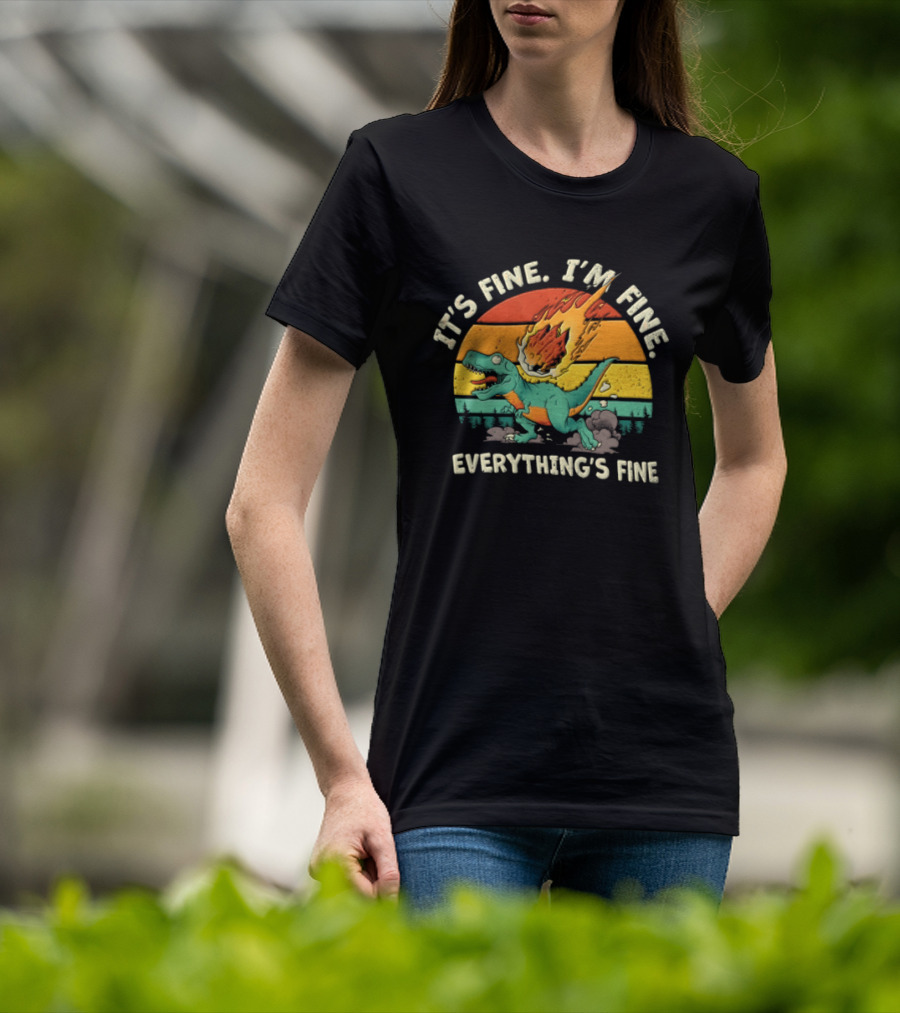 It's Fine I'm Fine Everything's Fine Cartoon Rex Running Meteor Sunset T-Shirt