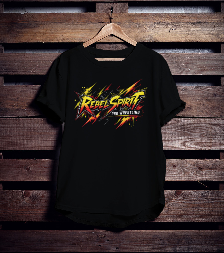 Rebel Spirit Pro Wrestling Spiky Lettering Paint Splatter Grunge Yellow Red Burst T-Shirt