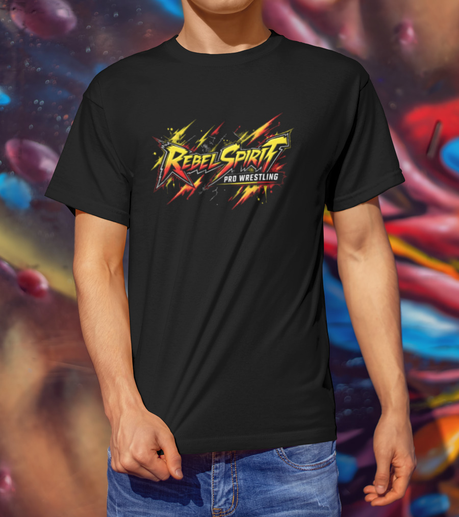 Rebel Spirit Pro Wrestling Spiky Lettering Paint Splatter Grunge Yellow Red Burst T-Shirt