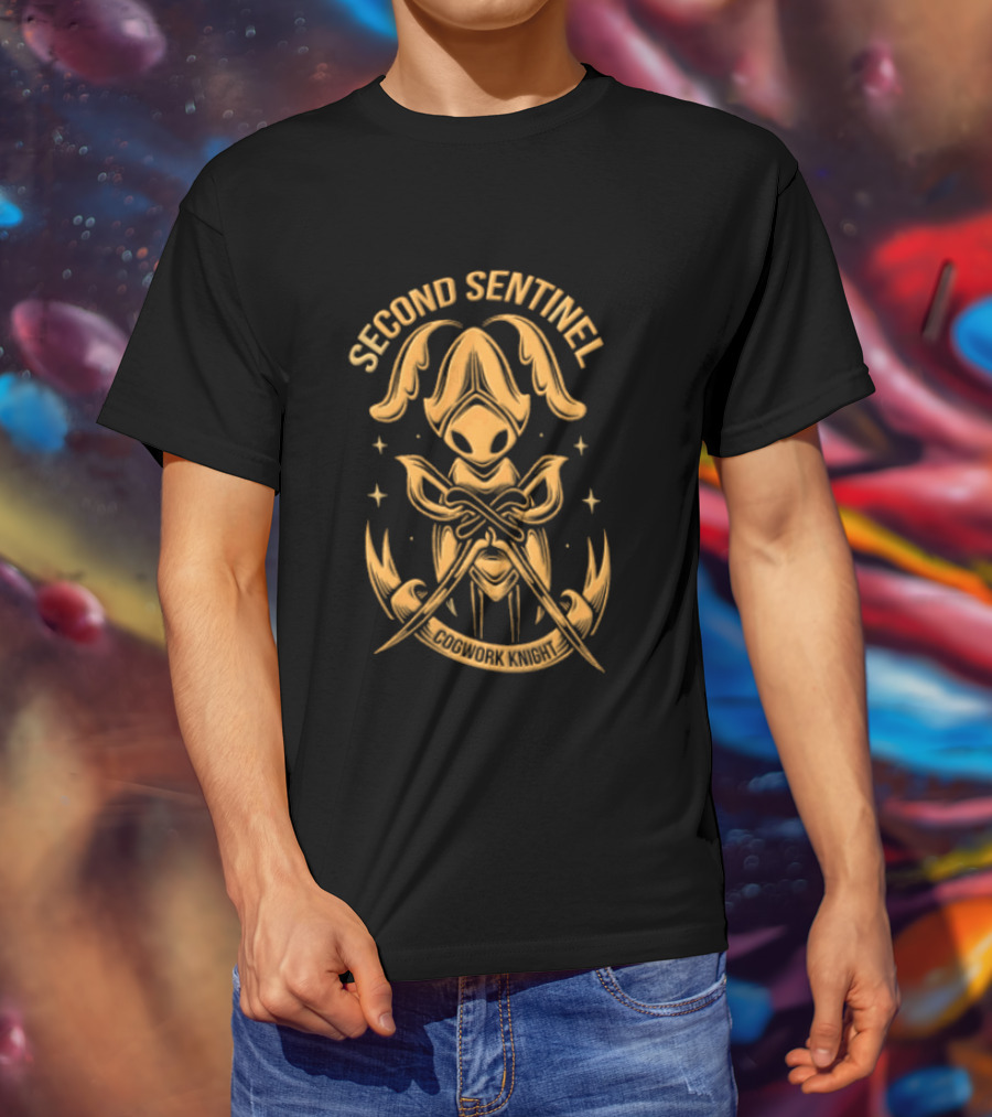 Second Sentinel Cogwork Knight Horned Insect Warrior Crossed Swords T-Shirt