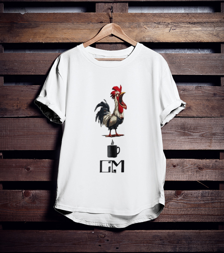 GM Cartoon Crowing Rooster Steaming Black Coffee T-Shirt