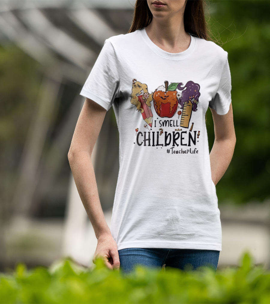 I Smell Children Teacherlife Sanderson Sisters Halloween Pencil Apple Ruler Cartoon T-Shirt