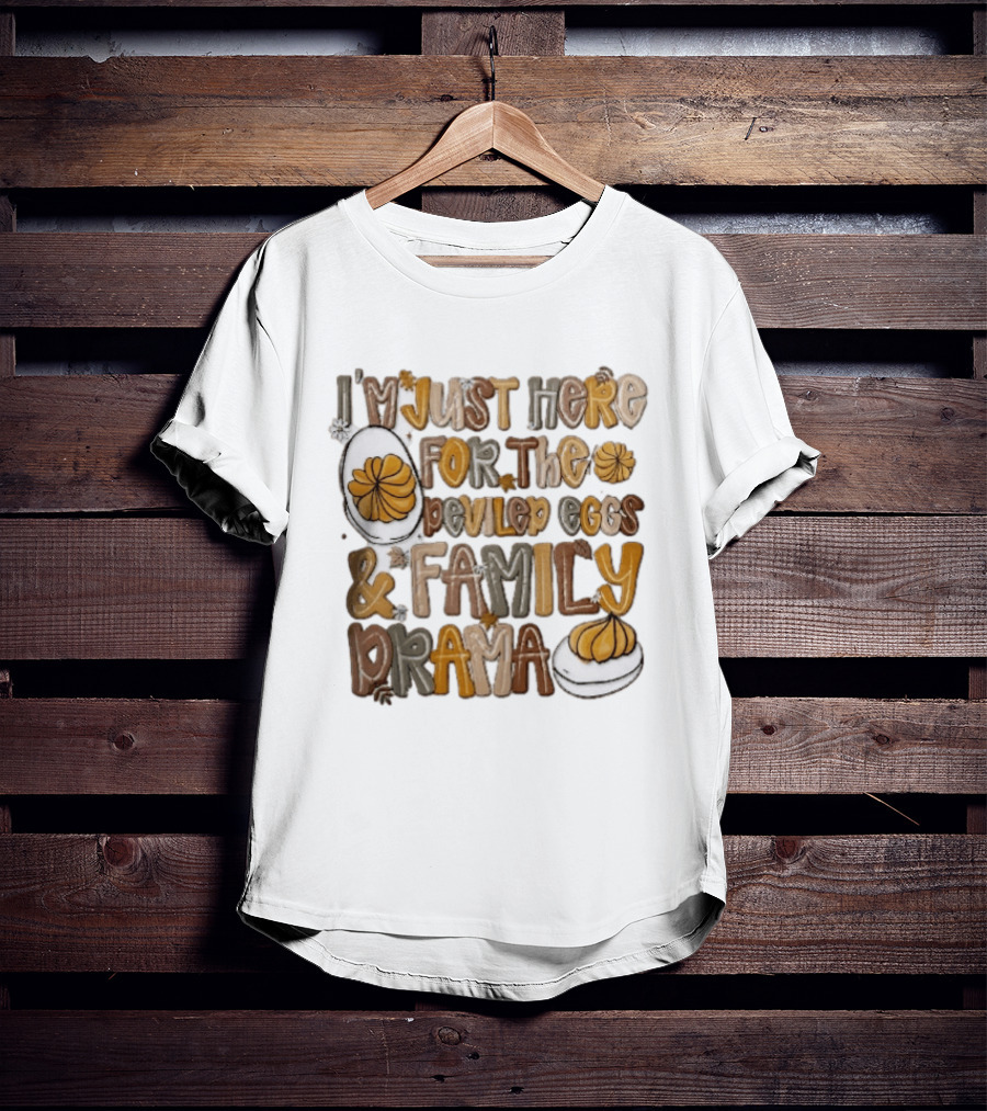 I'm Just Here For The Deviled Eggs And Family Drama Groovy Autumn Leaves T-Shirt