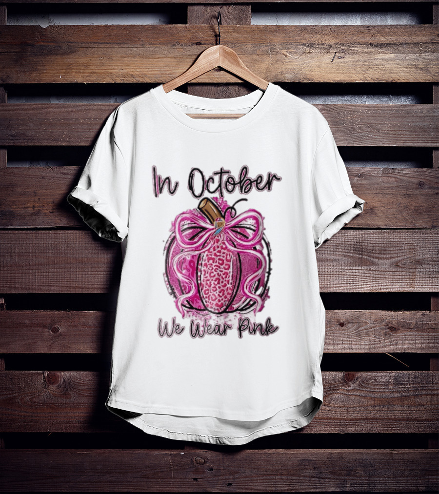 In October We Wear Pink Leopard Pumpkin Breast Cancer Ribbon Bow T-Shirt