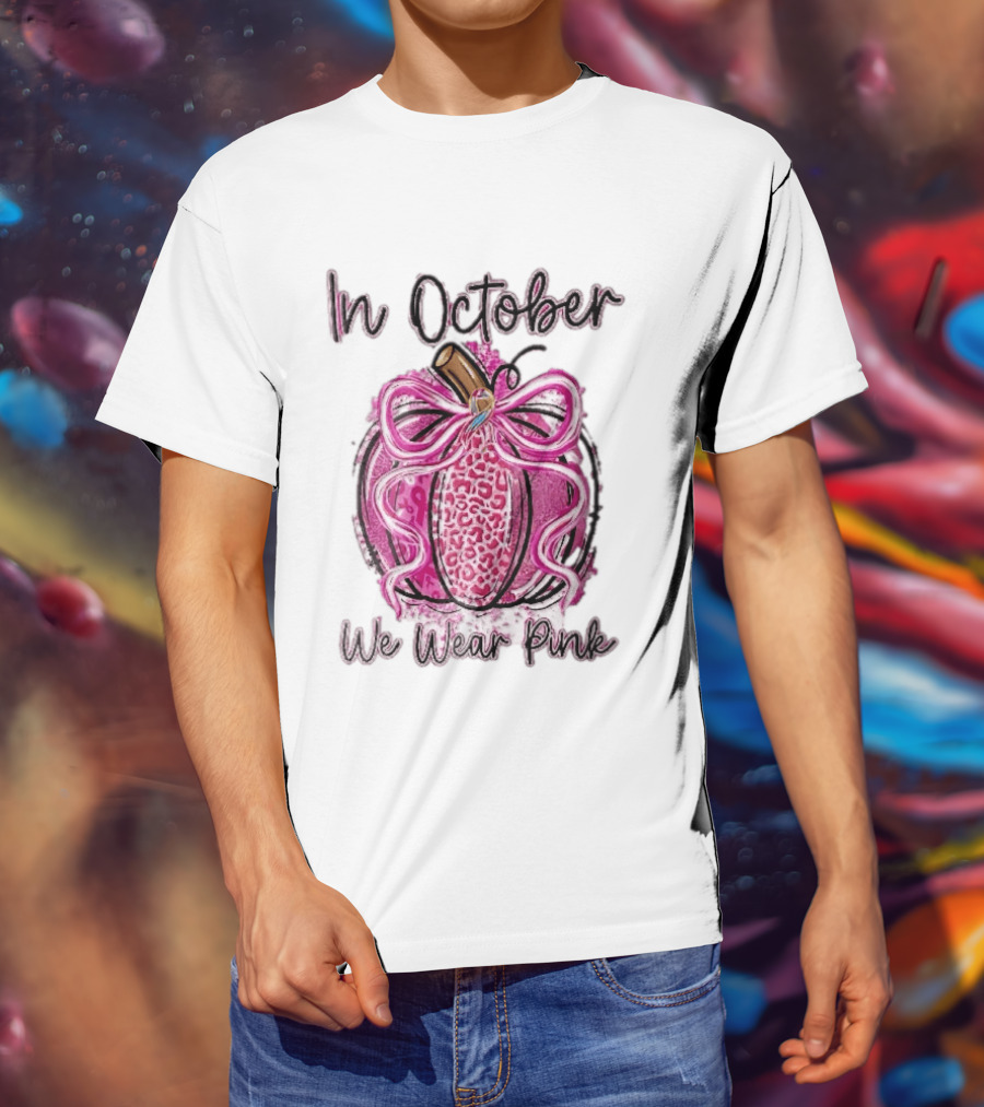 In October We Wear Pink Leopard Pumpkin Breast Cancer Ribbon Bow T-Shirt