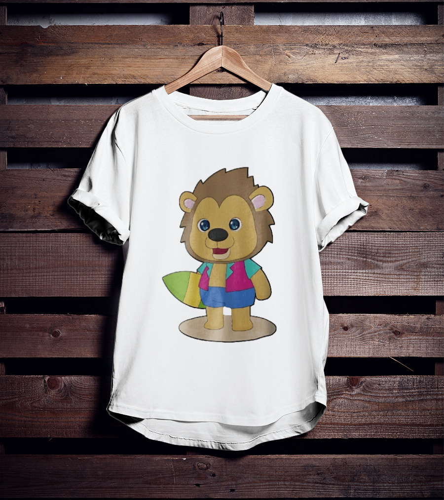 Lion Summer Surfing Adventure Cartoon T-Shirt