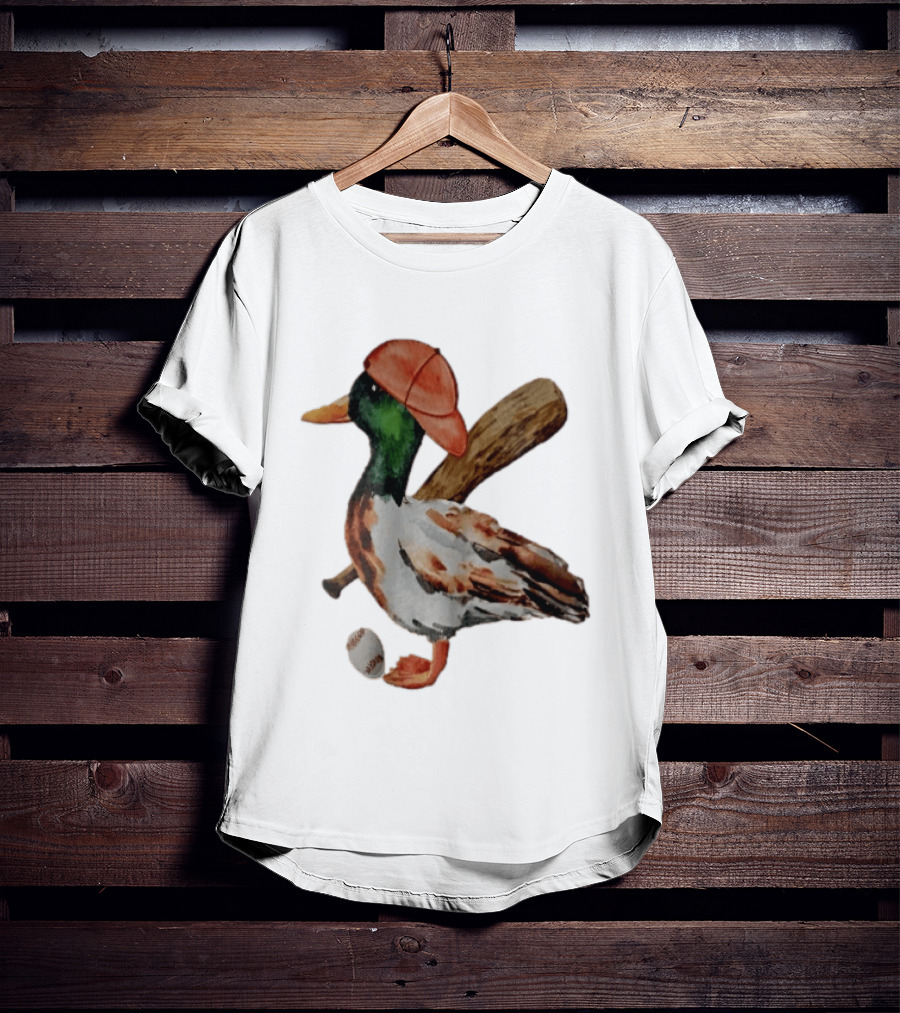 Mallard Duck Baseball Player Red Cap Wooden Bat Watercolor Mallard T-Shirt