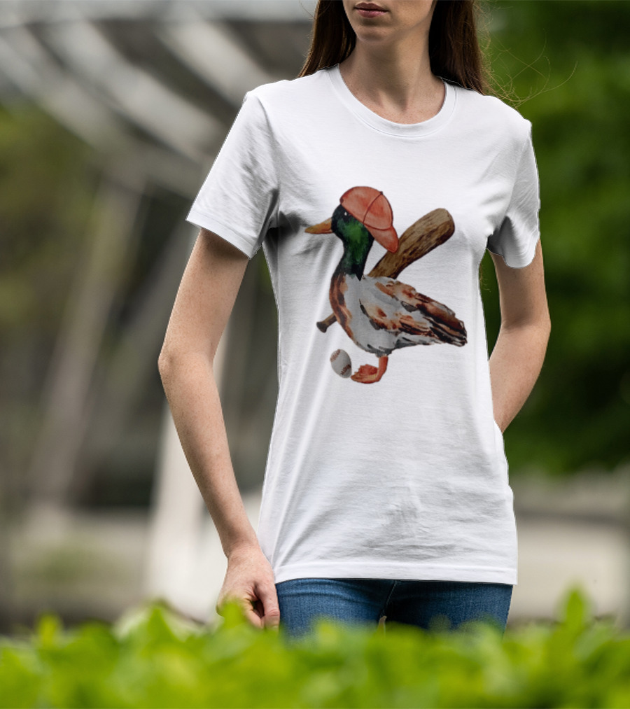 Mallard Duck Baseball Player Red Cap Wooden Bat Watercolor Mallard T-Shirt