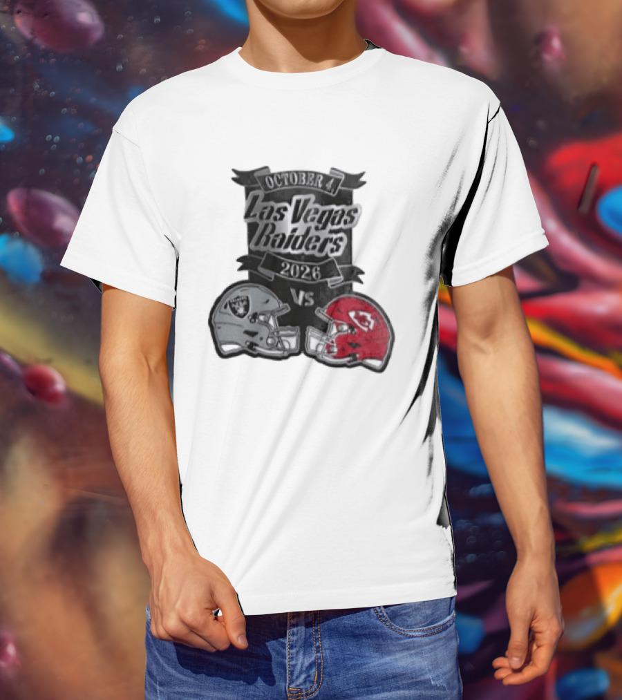 Las Vegas Raiders Vs 2026 October 4 Red Silver Opposing Football Helmets T-Shirt