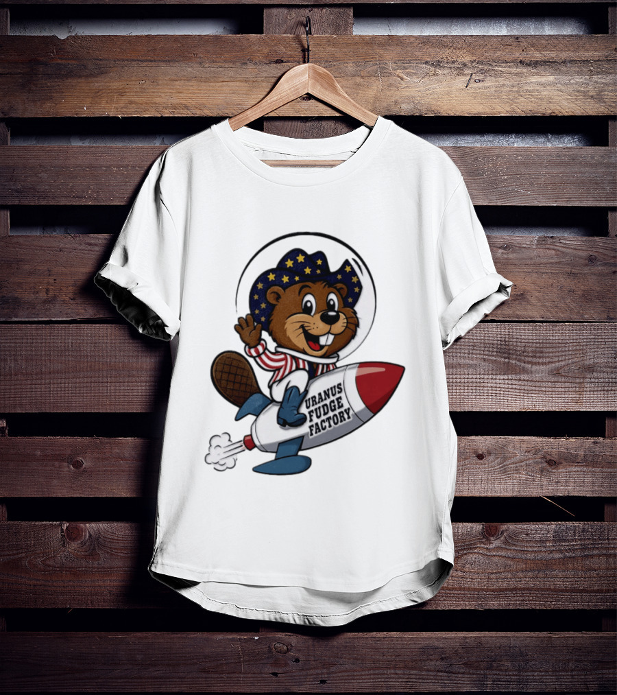 Uranus Fudge Factory Patriotic Beaver Riding Rocket T-Shirt
