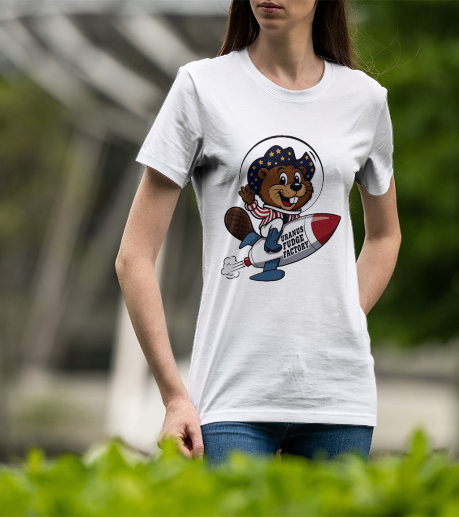 Uranus Fudge Factory Patriotic Beaver Riding Rocket T-Shirt